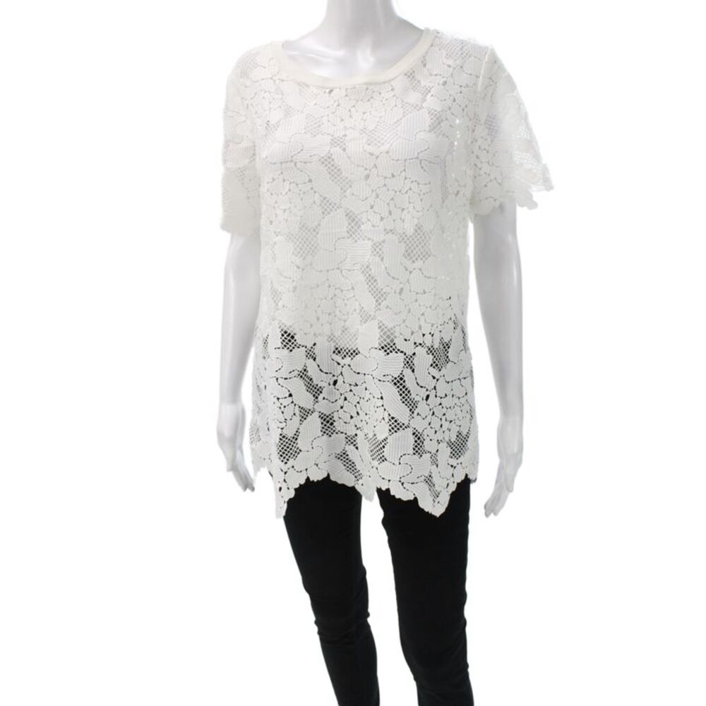 Three Dots Womens Bohemian Floral Lace Tunic Short Sleeve White Size L